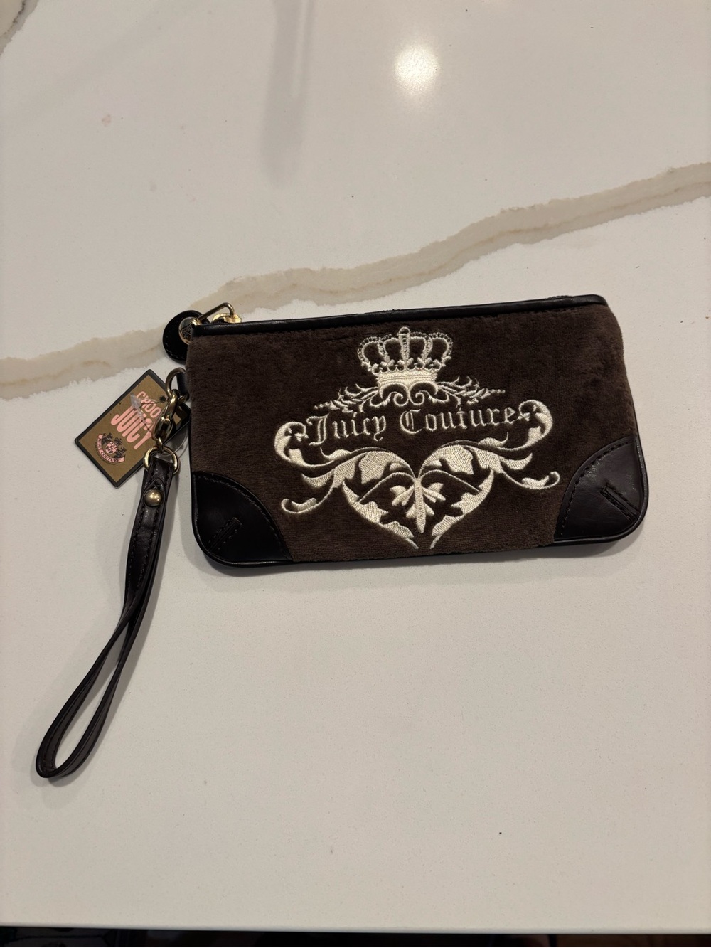 Juicy Couture Dark Brown Logo Wristlet with Ivory Signature Crest NEW